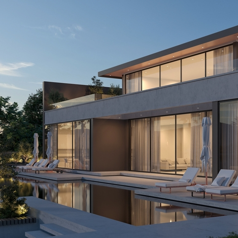 Modern luxury house with pool at dusk