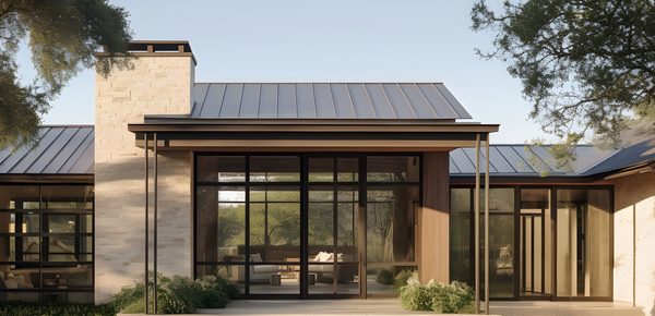 Modern house with large windows and patio.