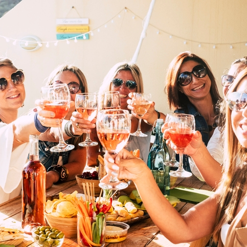 Group of friends toasting with wine outdoors.