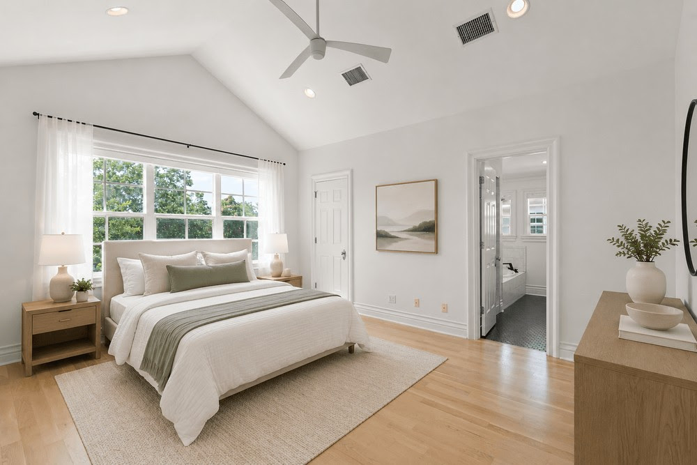 Bright modern bedroom with large window and ensuite