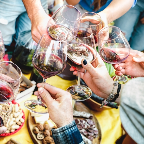 Group toasting with red wine glasses
