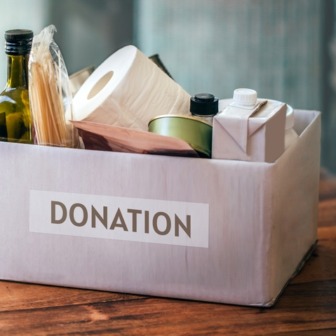 Donation box with food and hygiene items.